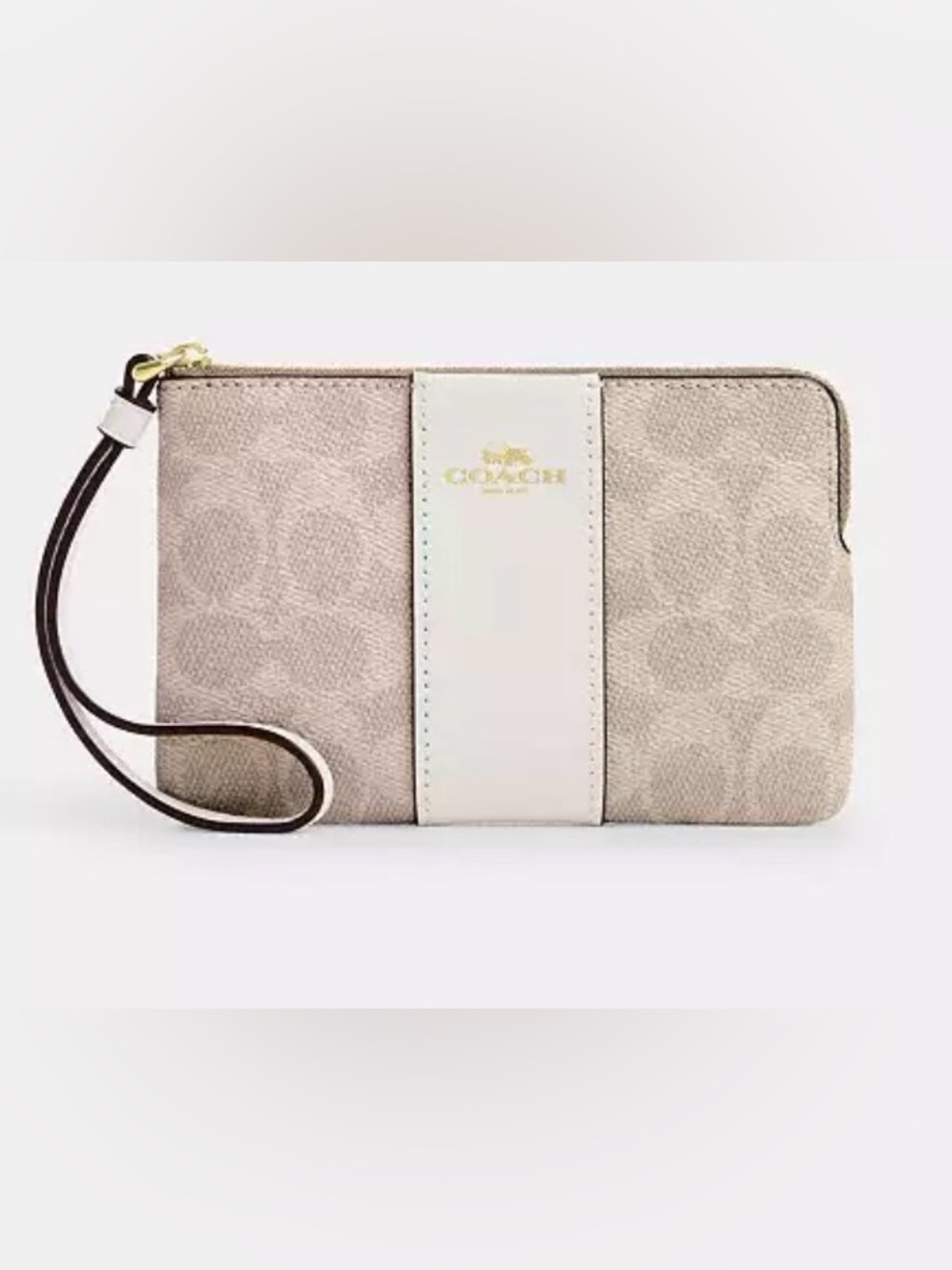 Coach Neutral Signature Leather Wristlet with Cream Stripe